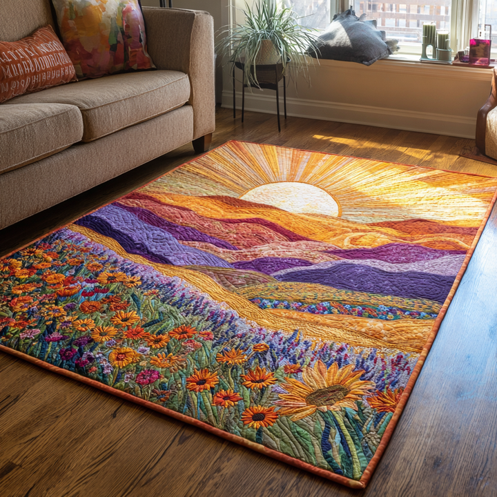 Collines violettes et fleurs orangées – Tapis