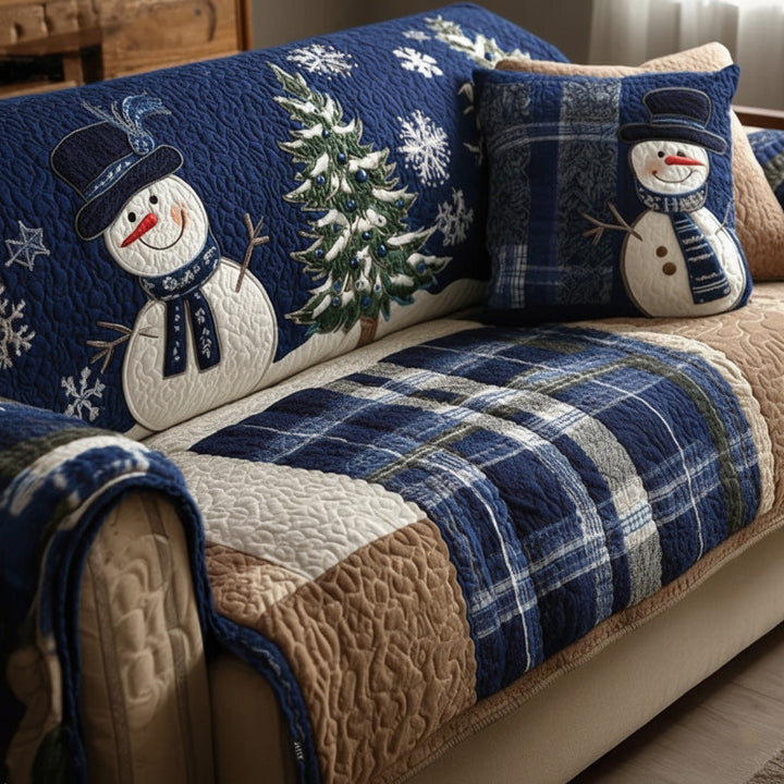 Bonhomme de neige et tartan bleu – Housse de canapé matelassée
