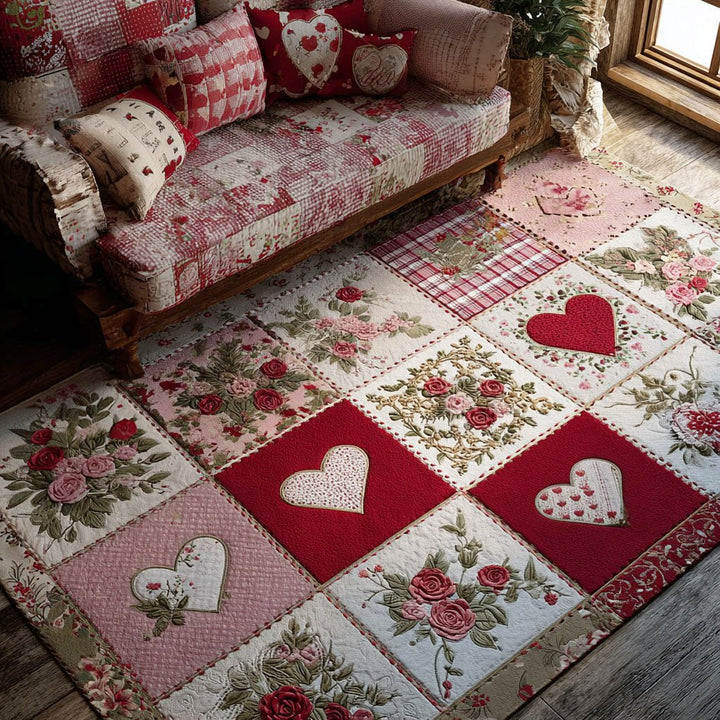 Cœurs et roses en patchwork – Tapis