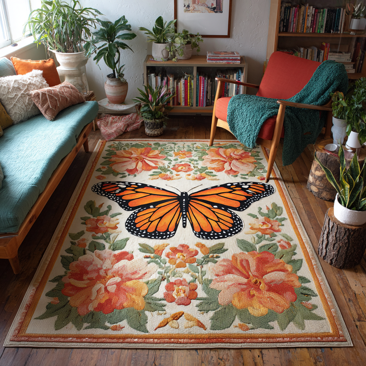 Papillon monarque et fleurs pêche – Tapis