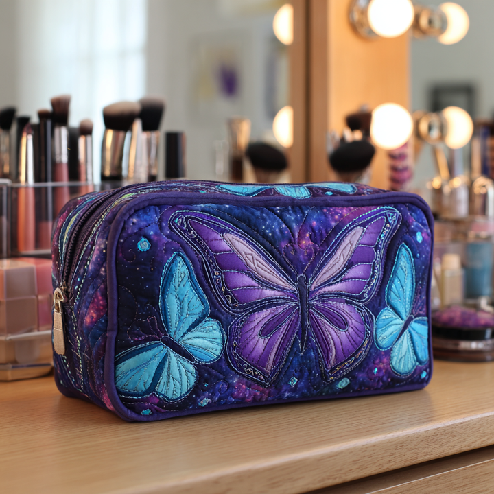 Papillons violets et bleus – Trousse de maquillage matelassée