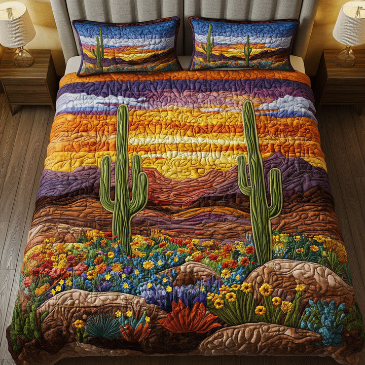 Lever de soleil sur les cactus – Ensemble de literie matelassé 3 pièces