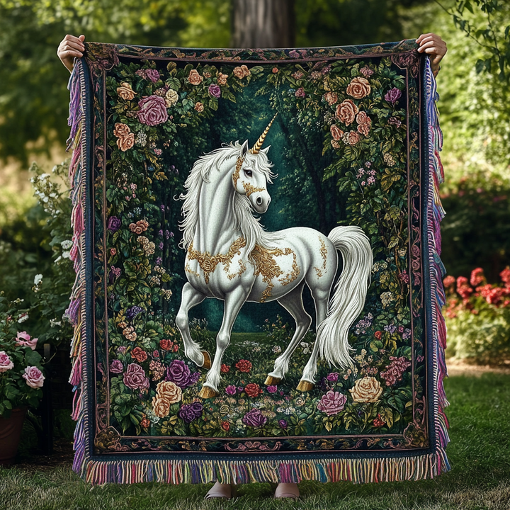 Licorne blanche dans un jardin de roses – Jeté de canapé tissé