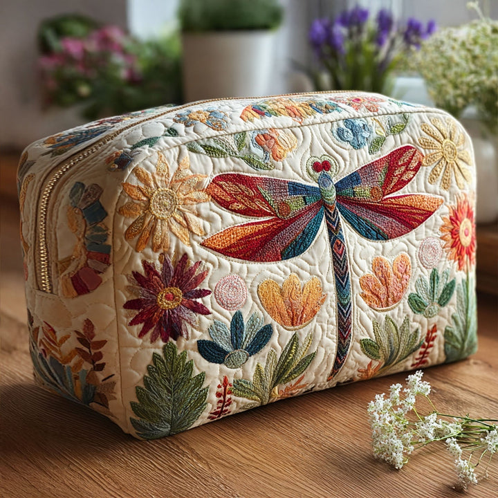 Libellule et fleurs pastel – Trousse de maquillage matelassée