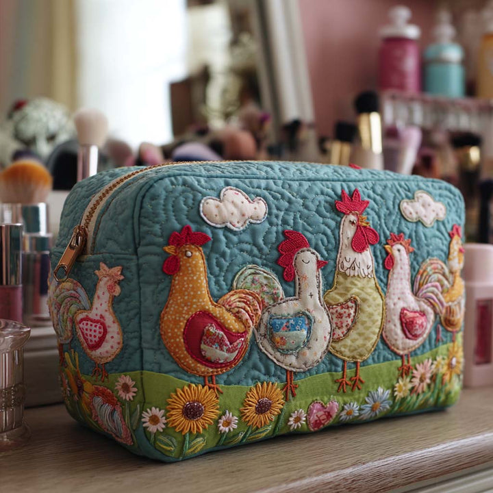 Poules sur fond turquoise – Trousse de maquillage matelassée