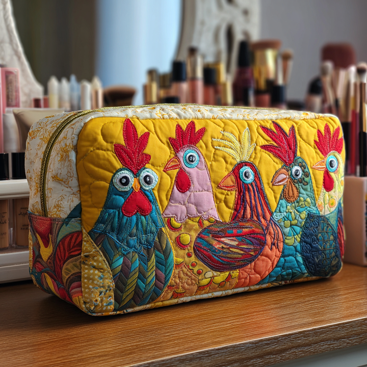 Coqs colorés sur fond jaune – Trousse de maquillage matelassée