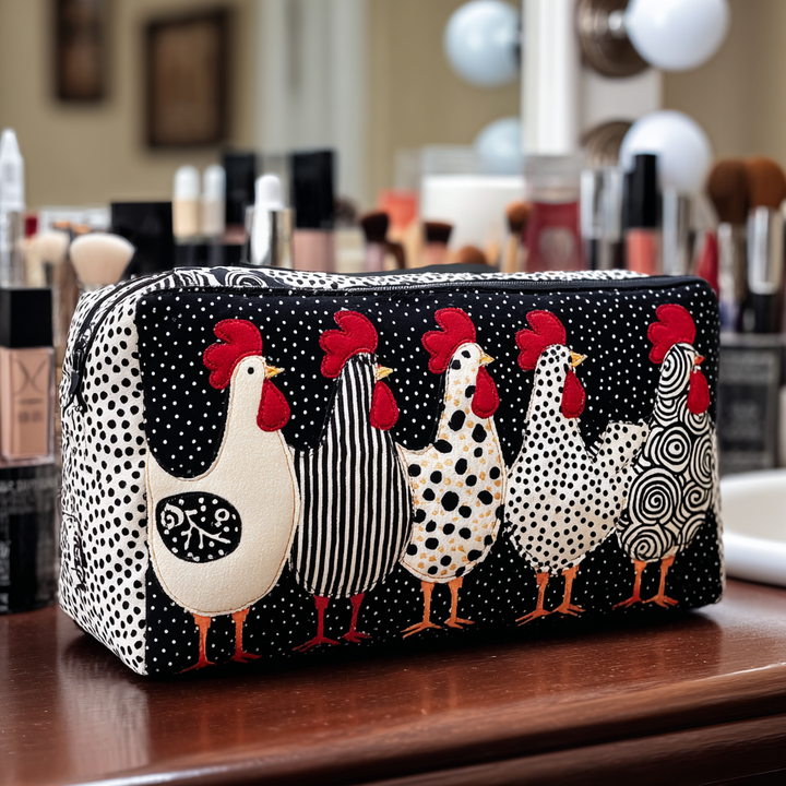 Poules noires et blanches – Trousse de maquillage matelassée