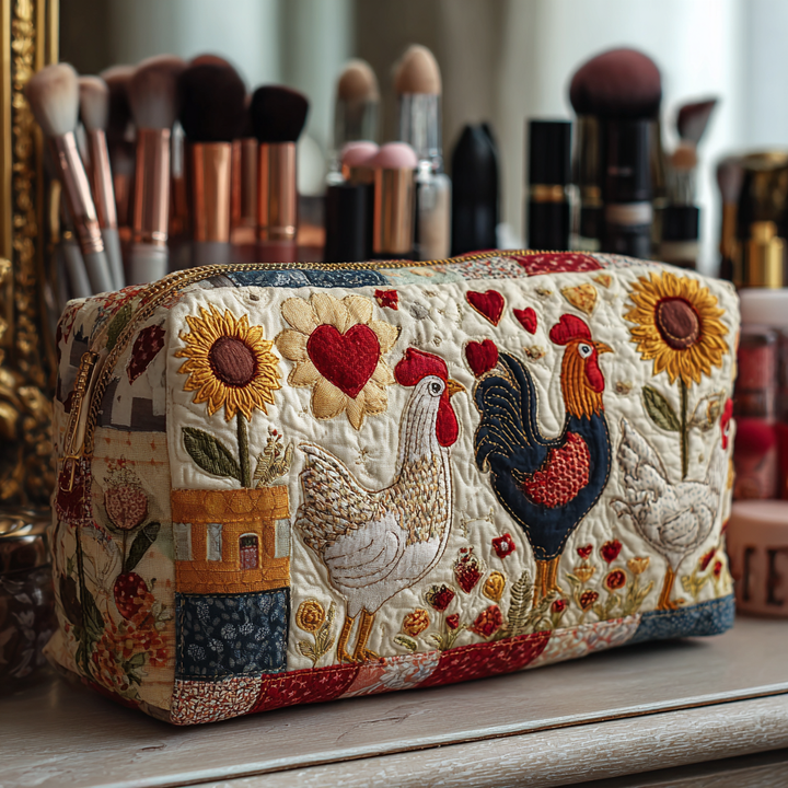Poules et tournesols – Trousse de maquillage matelassée