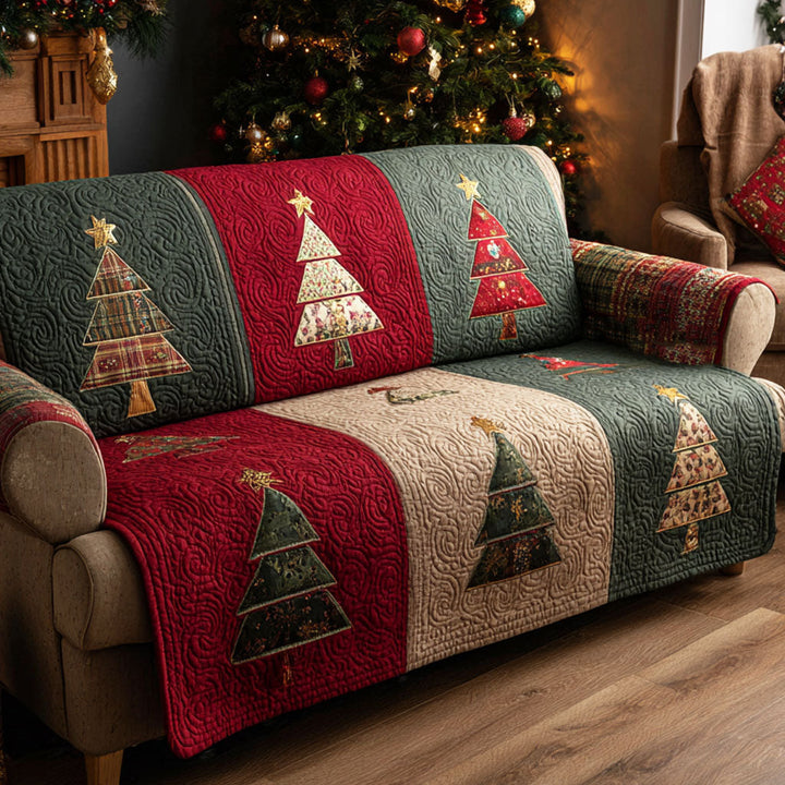 Sapins en patchwork rouge et vert – Housse de canapé matelassée