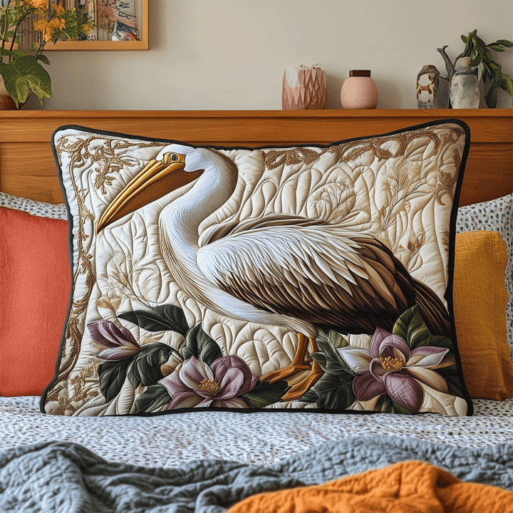 Pélican et fleurs – Taie d’oreiller matelassée