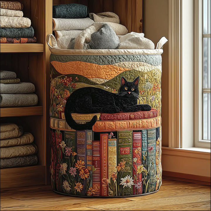 Chat noir sur les livres fleuris – Panier à linge matelassé