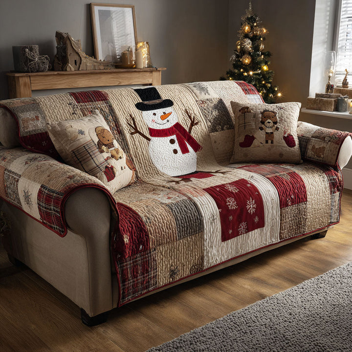 Bonhomme de neige et patchwork beige – Housse de canapé matelassée