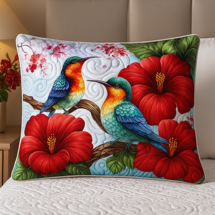 Duo d’hibiscus et d’oiseaux – Taie d’oreiller matelassée
