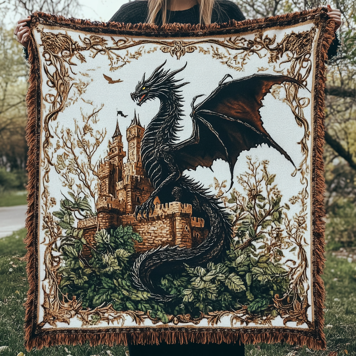 Dragon noir et forteresse – Jeté de canapé tissé