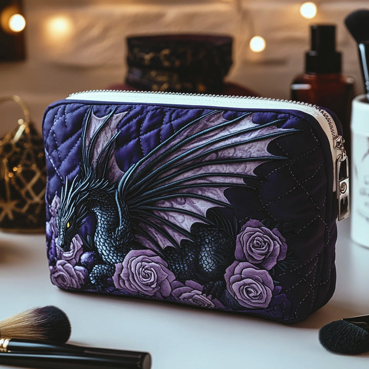 Dragon et roses violettes – Trousse de maquillage matelassée
