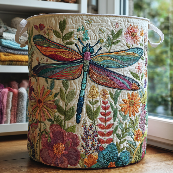 Libellule et fleurs brodées – Panier à linge matelassé