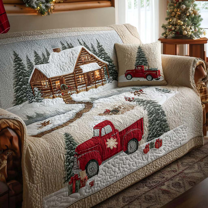 Camion rouge et chalet enneigé – Housse de canapé matelassée