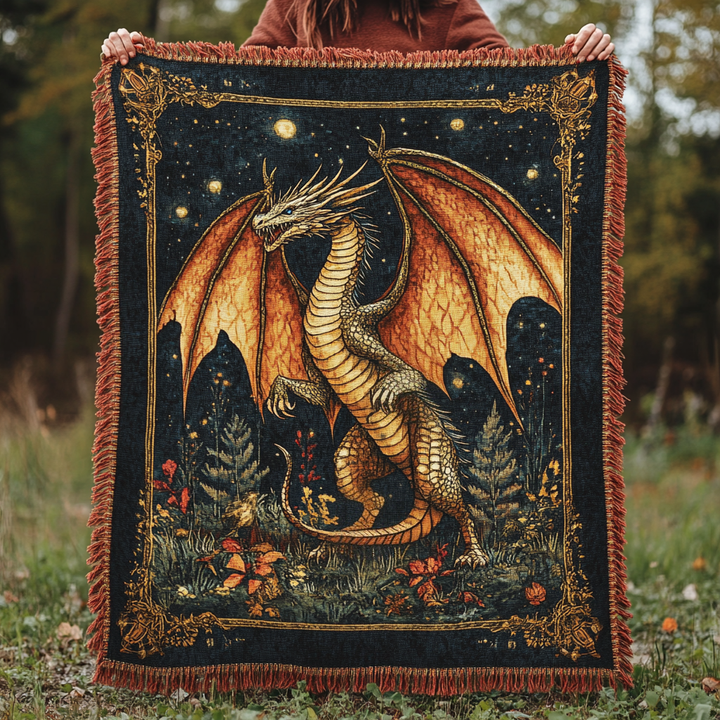 Dragon doré sous les étoiles – Jeté de canapé tissé