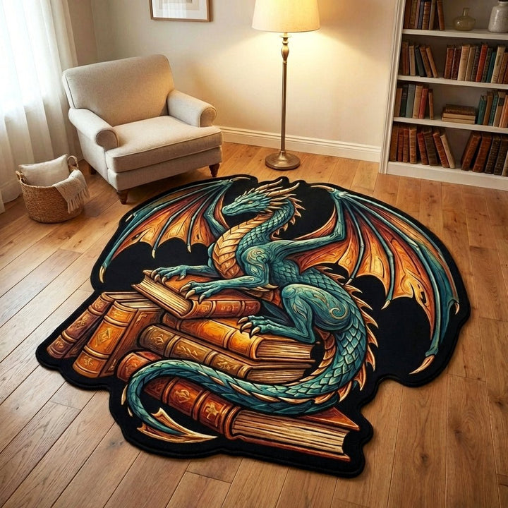 Dragon vert et livres anciens – Tapis de forme originale