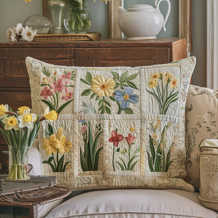 Jardin de fleurs en carreaux – Taie d’oreiller matelassée