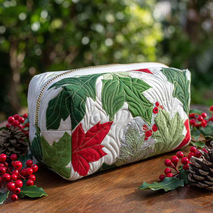 Feuilles vertes et rouges – Trousse de maquillage matelassée