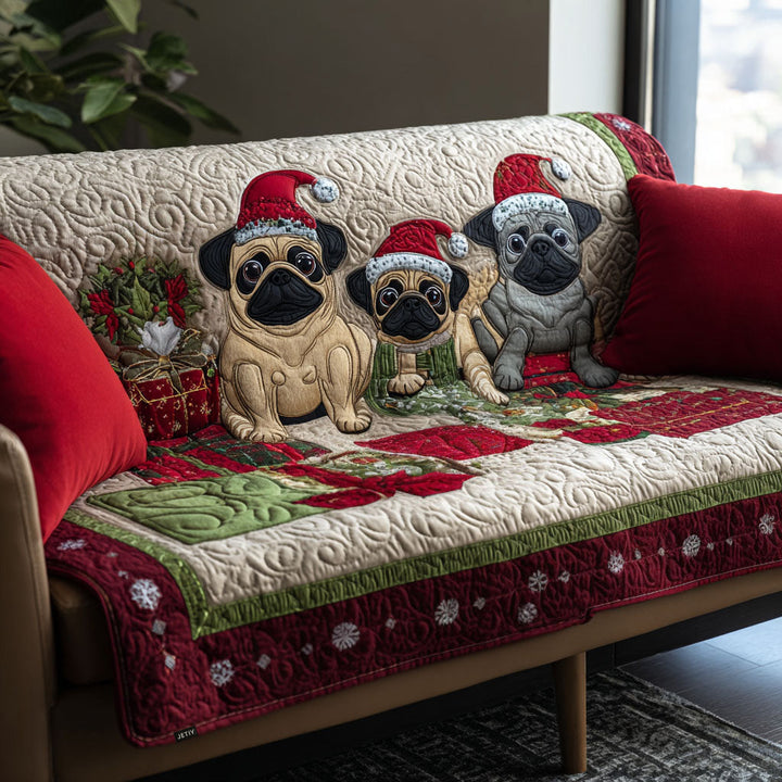 Trio de carlins en tuques de Noël – Housse de canapé matelassée