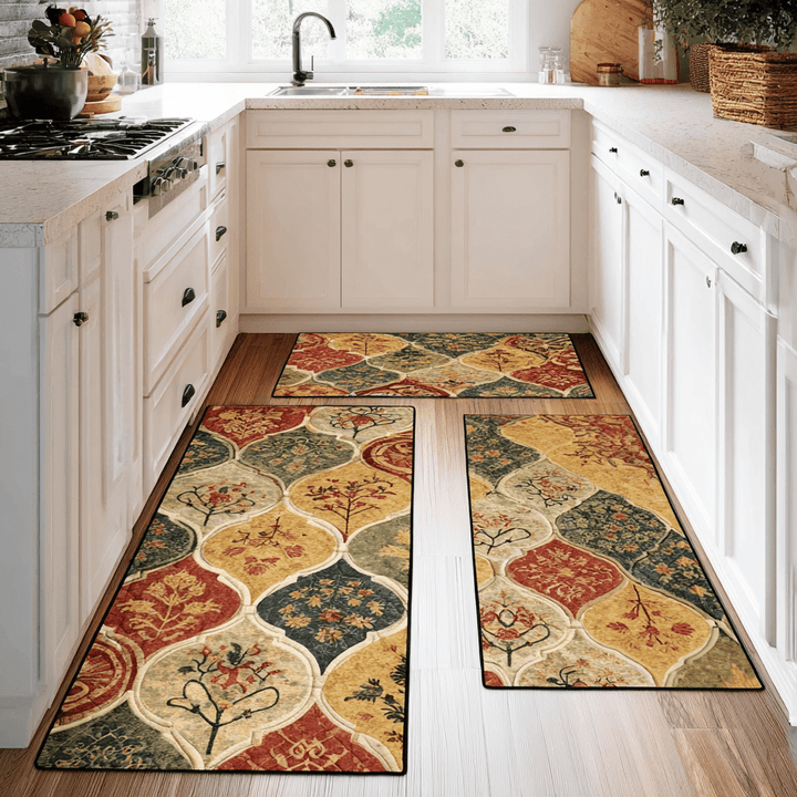 Arabesques fleuries ocre et vertes – Tapis de cuisine