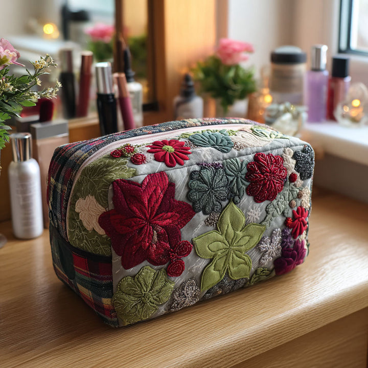 Fleurs rouges et vertes brodées – Trousse de maquillage matelassée