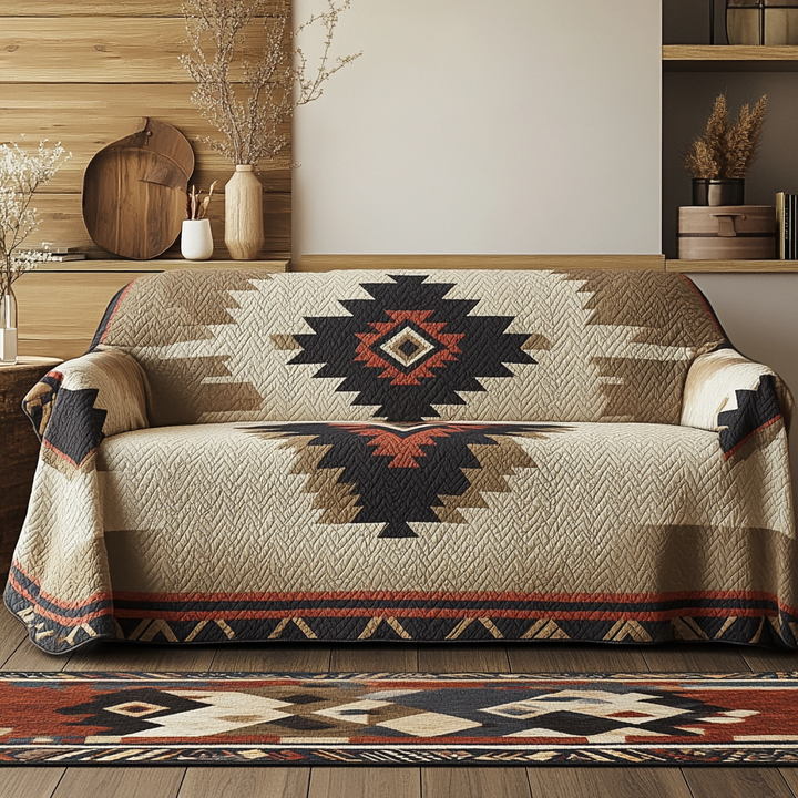 Motif du Sud-Ouest beige et rouille – Housse de canapé matelassée