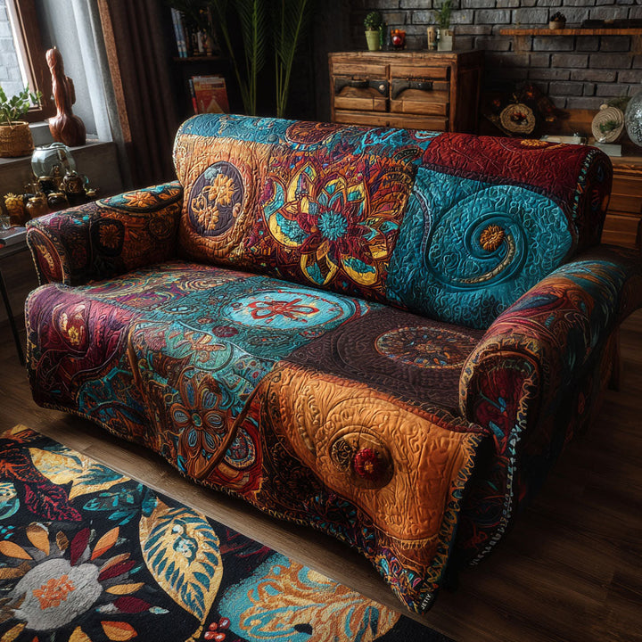 Tourbillons bohèmes en patchwork – Housse de canapé matelassée