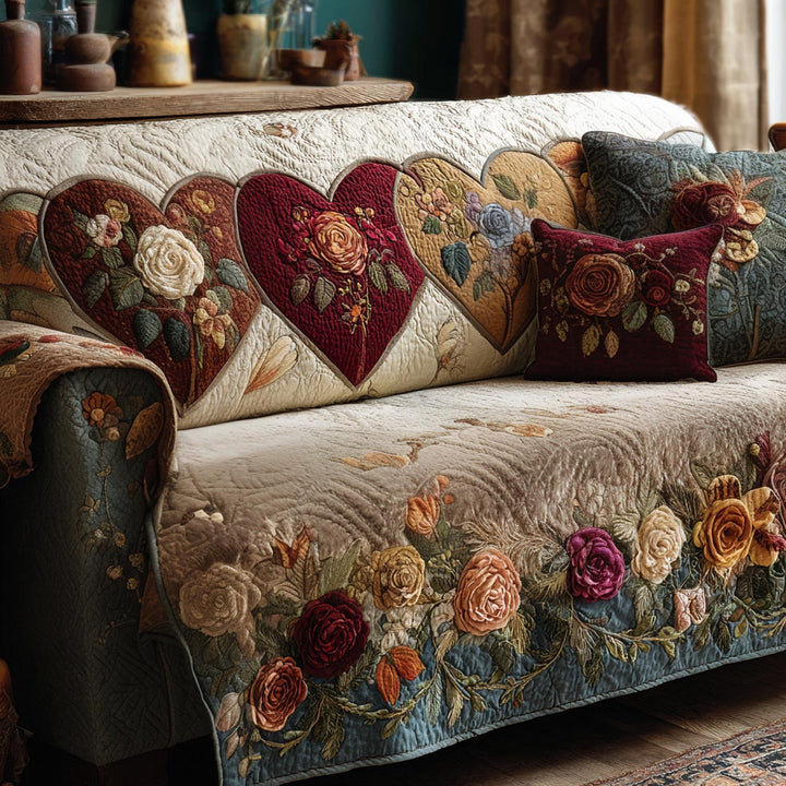 Cœurs et roses brodés – Housse de canapé matelassée