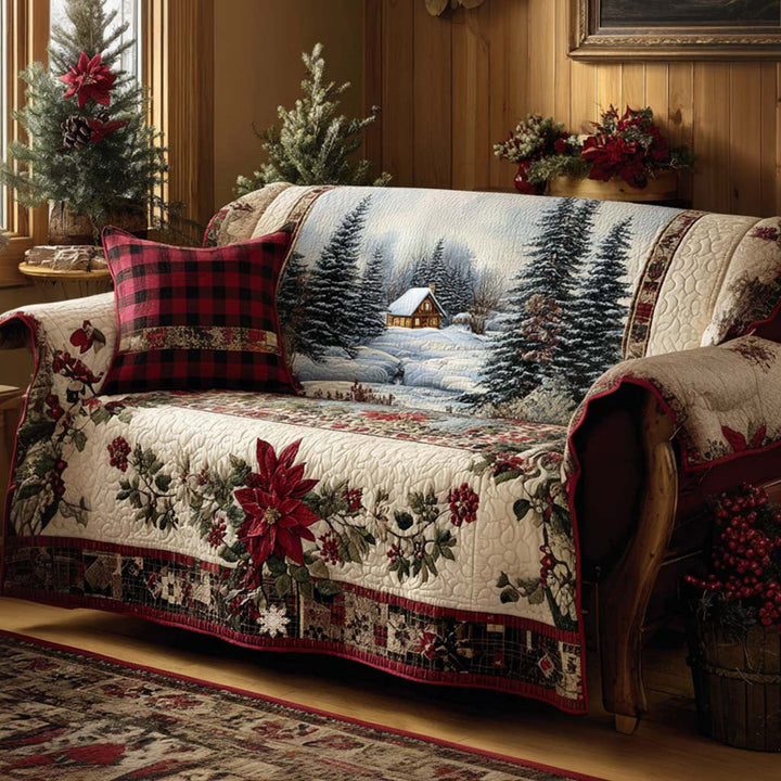 Chalet enneigé et poinsettias rouges – Housse de canapé matelassée