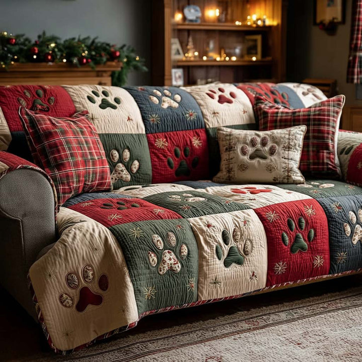 Pattes en patchwork des fêtes – Housse de canapé matelassée