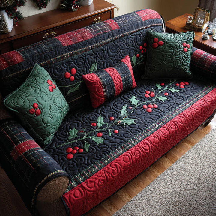 Houx brodé et tartan marine – Housse de canapé matelassée