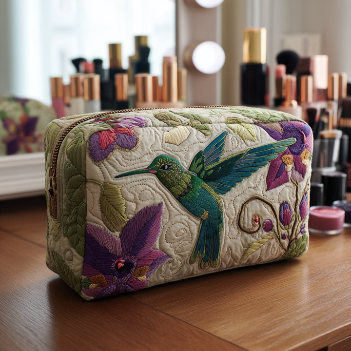 Colibri vert et feuillage – Trousse de maquillage matelassée