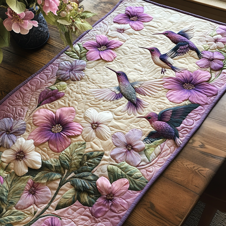 Colibris et fleurs mauves – Chemin de table matelassé