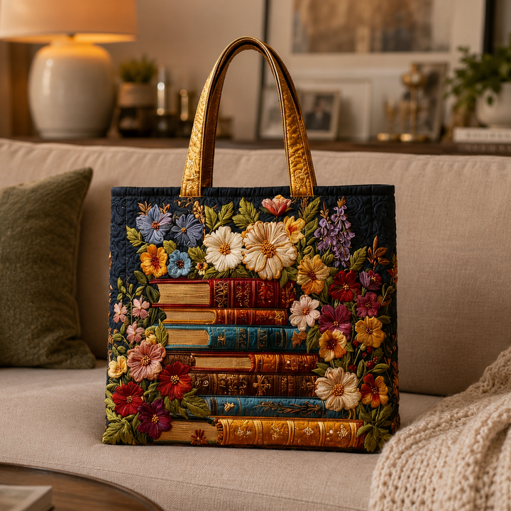 Livres et bouquets fleuris – Sac fourre-tout matelassé