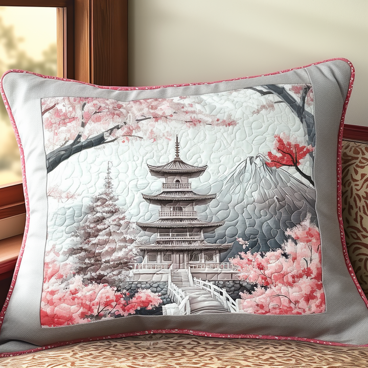 Pagode et cerisiers en fleurs – Taie d’oreiller matelassée