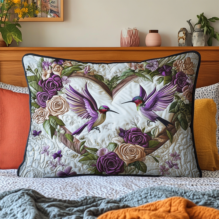 Colibris en cœur et roses violettes – Taie d’oreiller matelassée