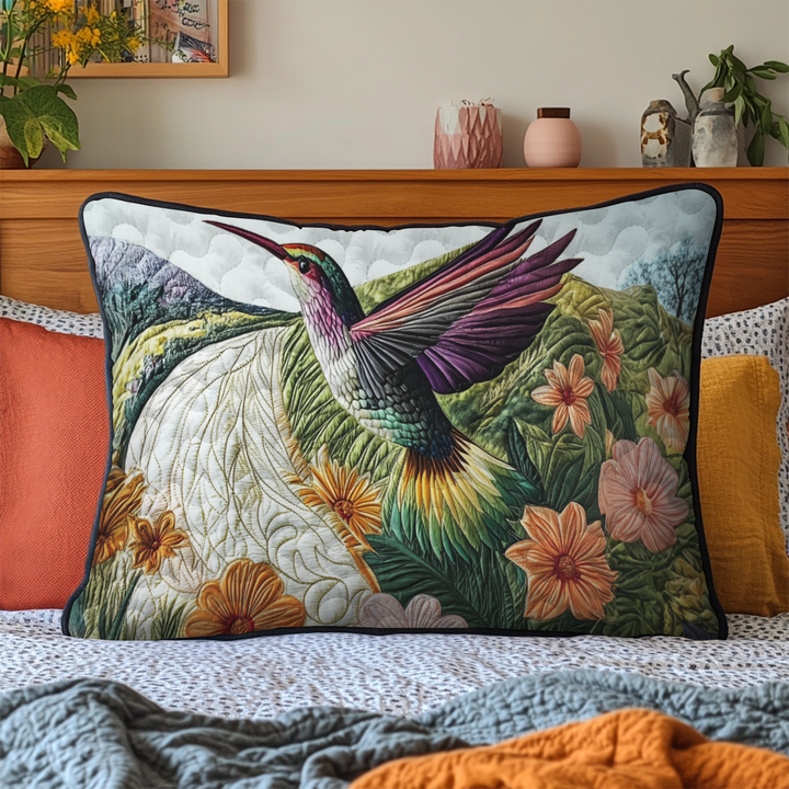 Colibri et fleurs pêche – Taie d’oreiller matelassée