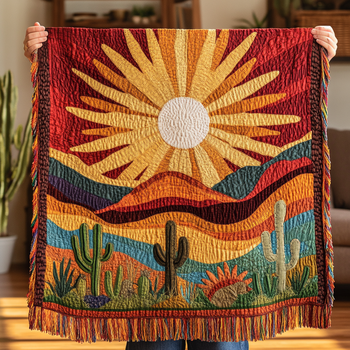 Soleil et cactus en tapisserie – Jeté de canapé tissé