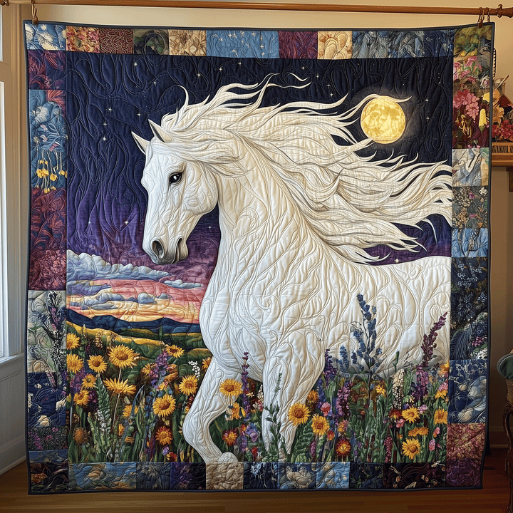 Cheval blanc et prairie violette – Tenture murale matelassée