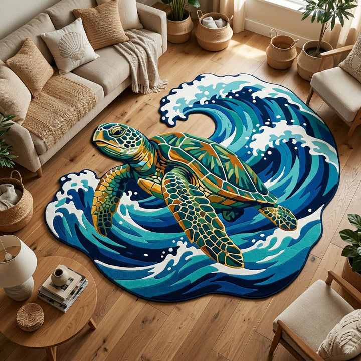Tortue de mer dans la vague – Tapis de forme originale