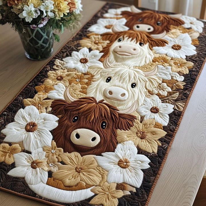 Vaches Highland et fleurs blanches – Chemin de table matelassé