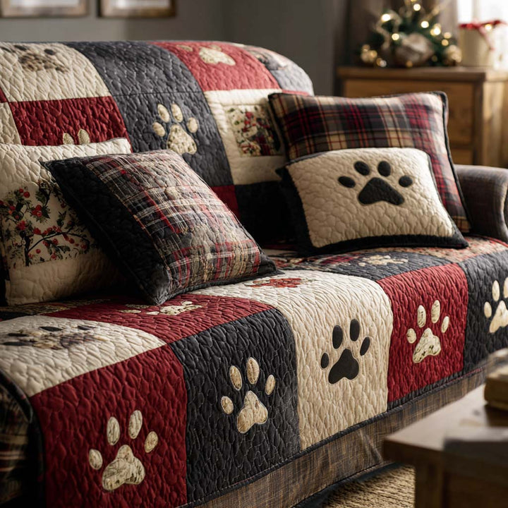 Pattes noires sur patchwork rouge et crème – Housse de canapé matelassée