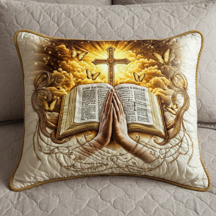 Bible, croix et mains en prière – Taie d’oreiller matelassée