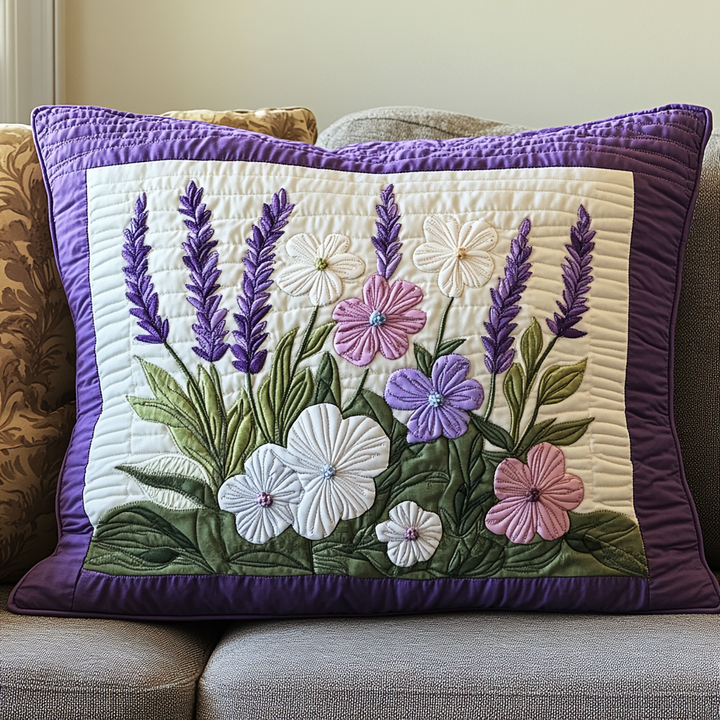 Lavande et fleurs blanches – Taie d’oreiller matelassée