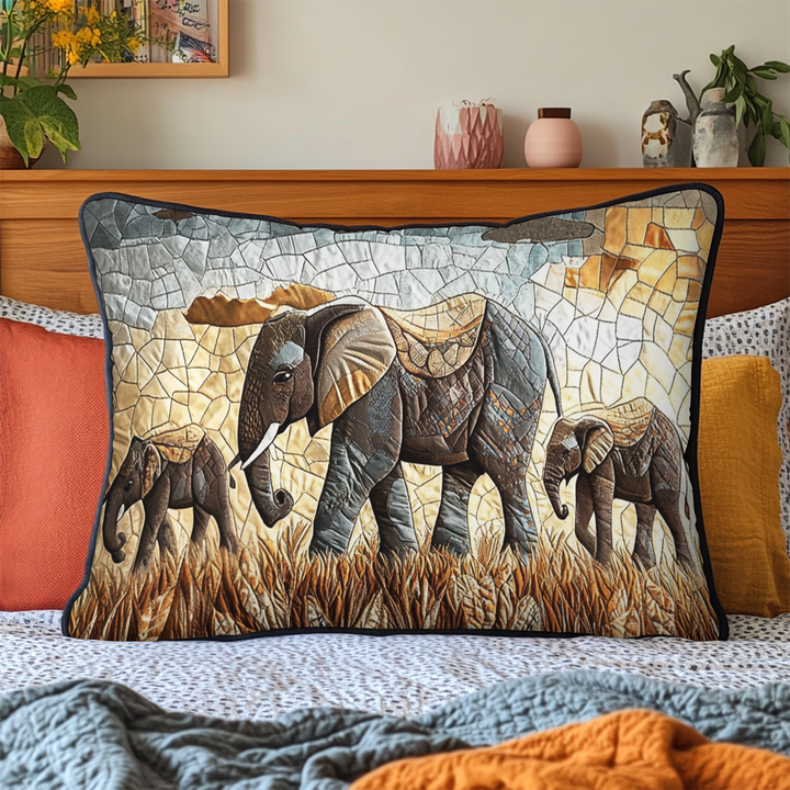Famille d’éléphants en mosaïque – Taie d’oreiller matelassée