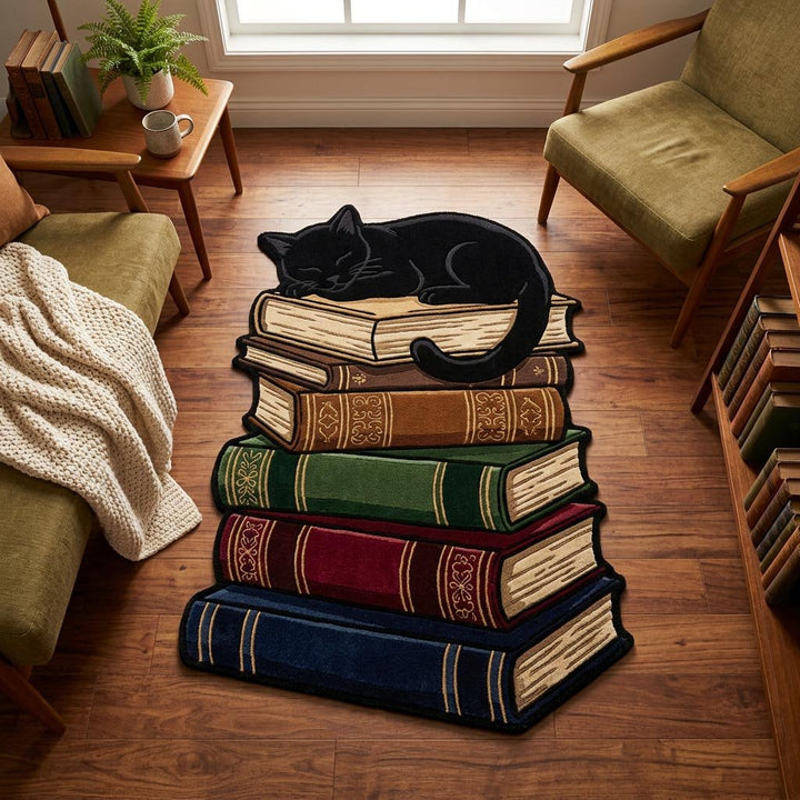 Chat noir sur une pile de livres – Tapis de forme originale