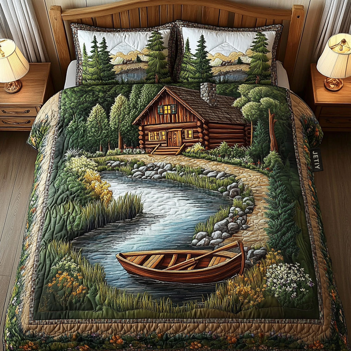 Chalet et barque au bord de la rivière – Ensemble de literie matelassé 3 pièces